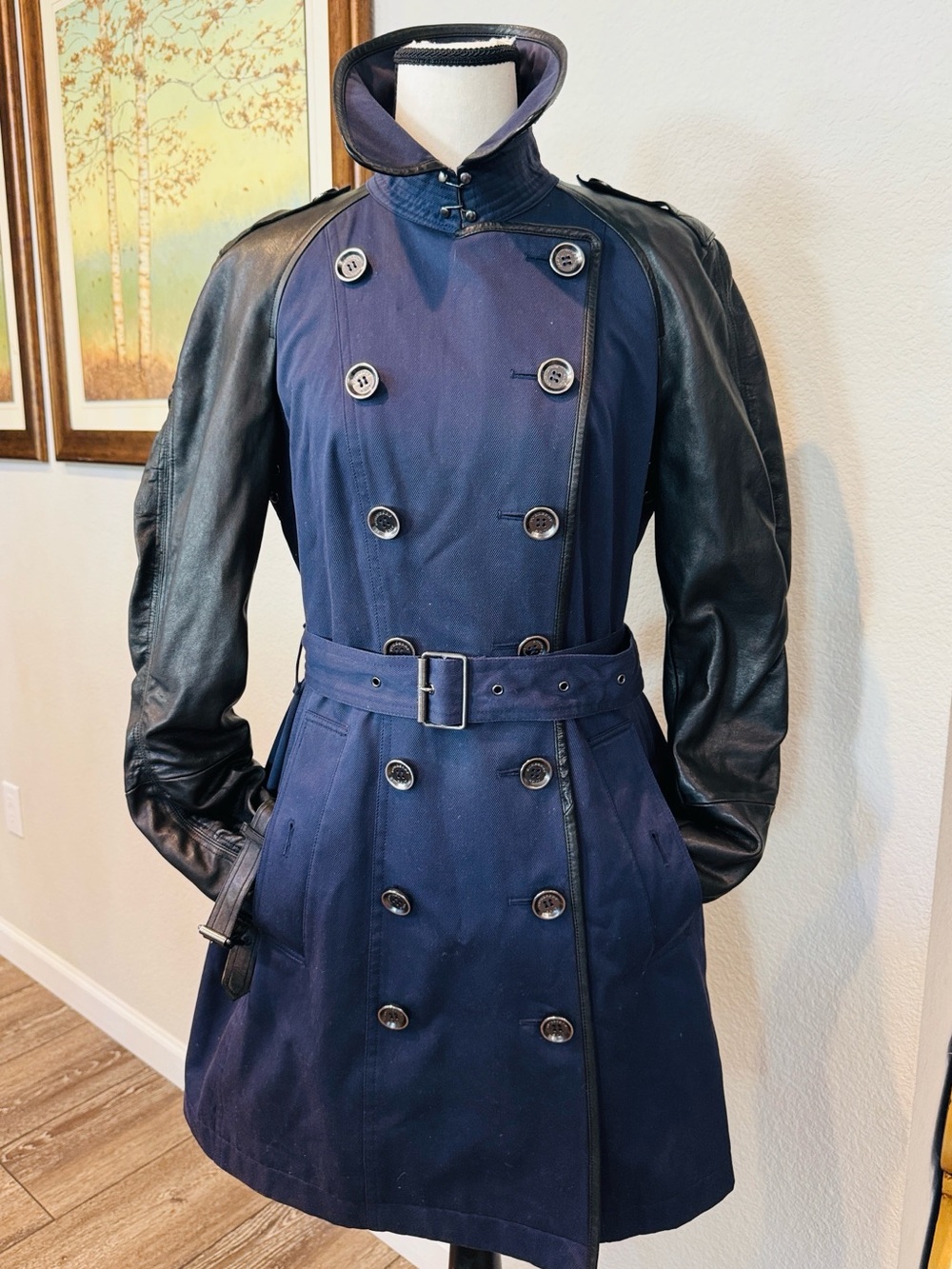 Authentic Burberry Navy Trench Coat with Black Leather Sleeves